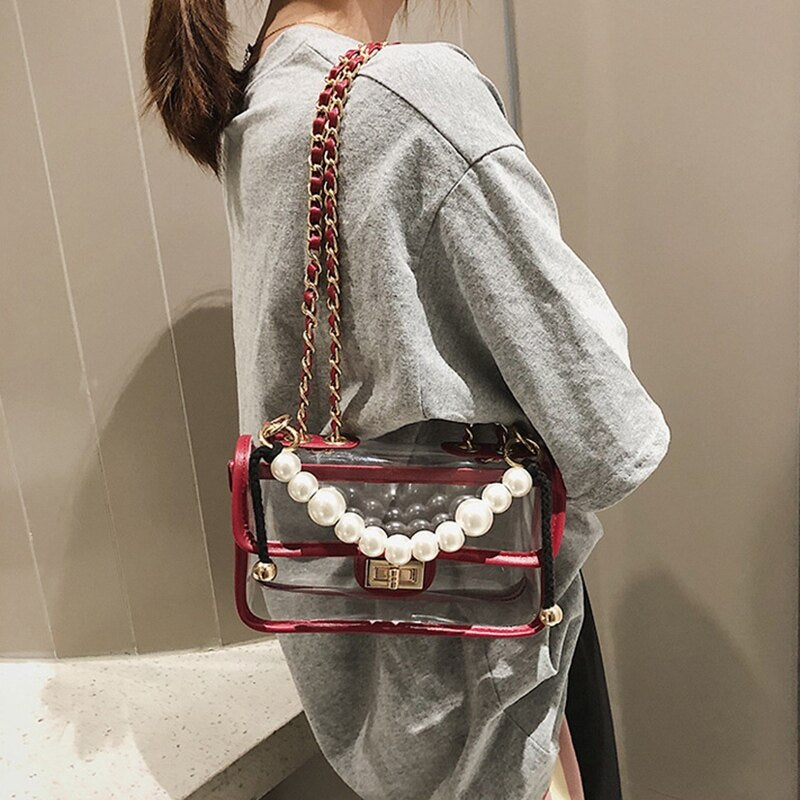 Pearl Tote Transparent Jelly Bag Handbag Chain Shoulder Bag Messenger Bag - ebowsos