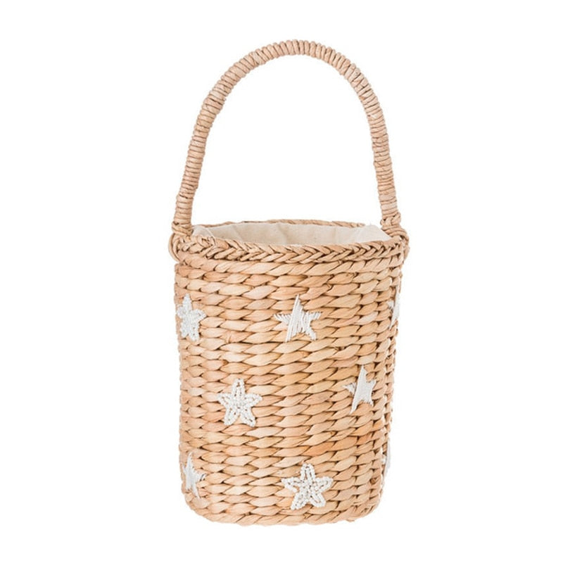 Portable Bucket Woven Bag Totes Embroidery Face Straw Bag Summer Vacation Beach Bag - ebowsos