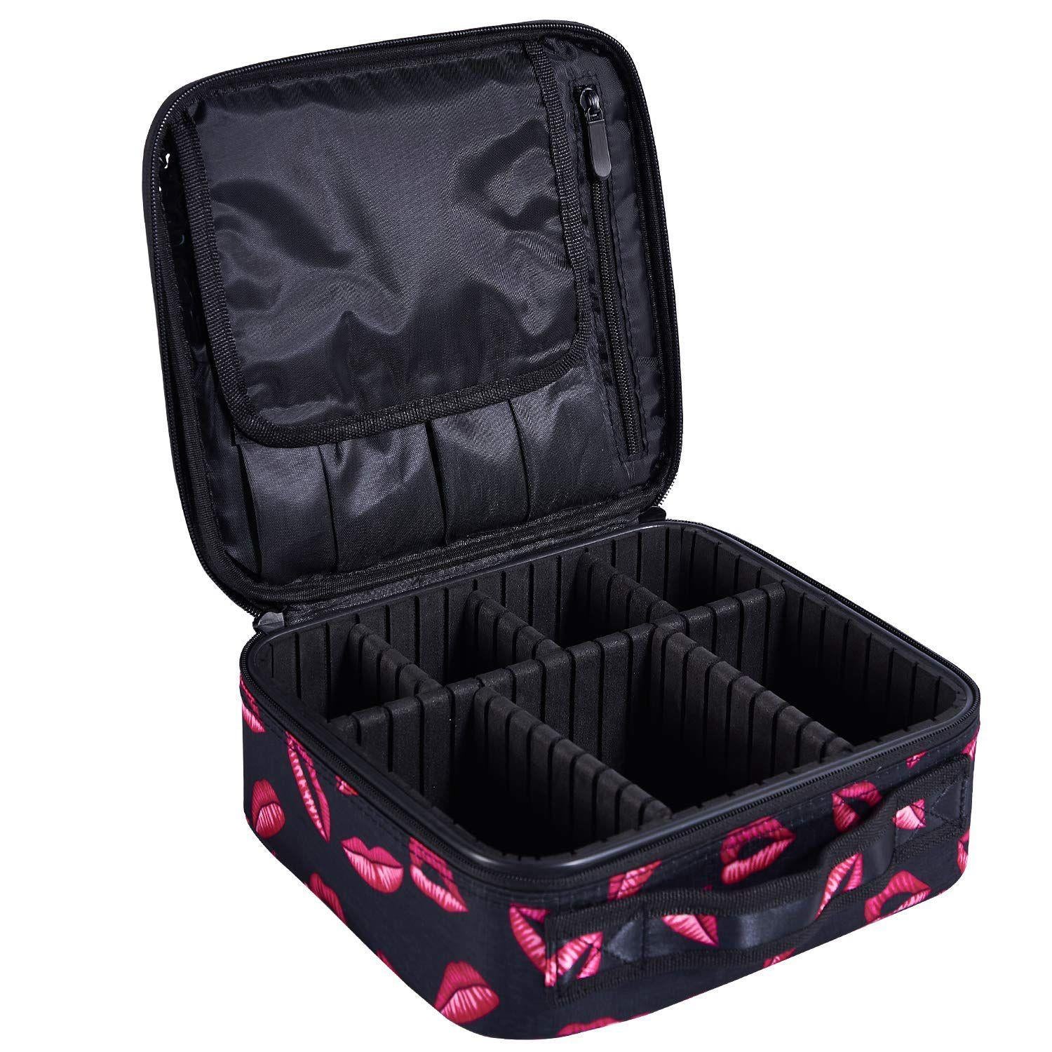 Portable Travel Makeup Train Case Cosmetic Bag Organizer with Adjustable Compartment Brush Holder - ebowsos