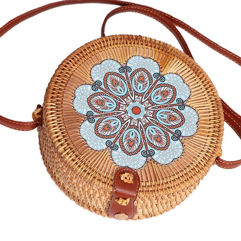 Printing Round Rattan Crossbody Bag,Straw Boho Bag For Women Purse Handmade Clutch Women Shoulder Bag,Rain - ebowsos