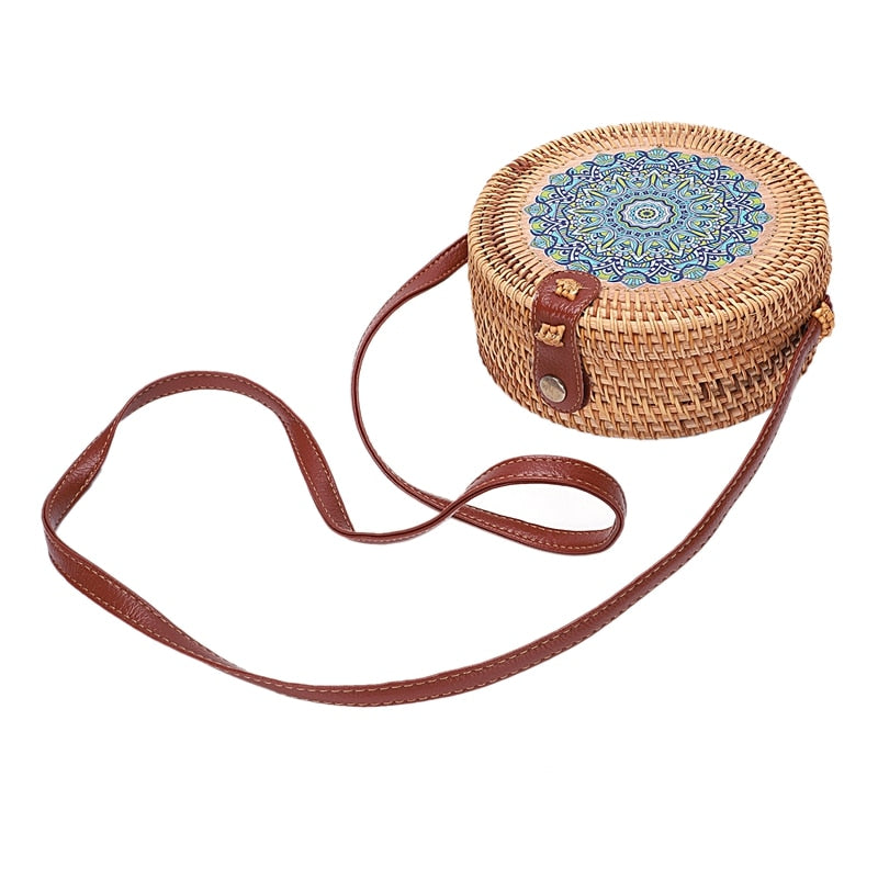 Printing Round Rattan Crossbody Bag,Straw Boho Bag For Women Purse Handmade Clutch Woven Shoulder Bag - ebowsos
