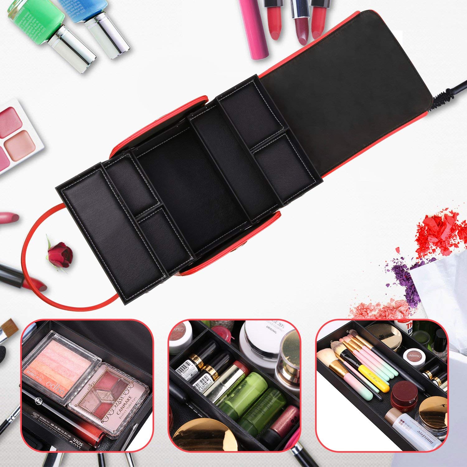 Professional Large Removable Pu Leather Cosmetic Makeup Vanity Box Jewelry Saloon Case Bag (Black) - ebowsos