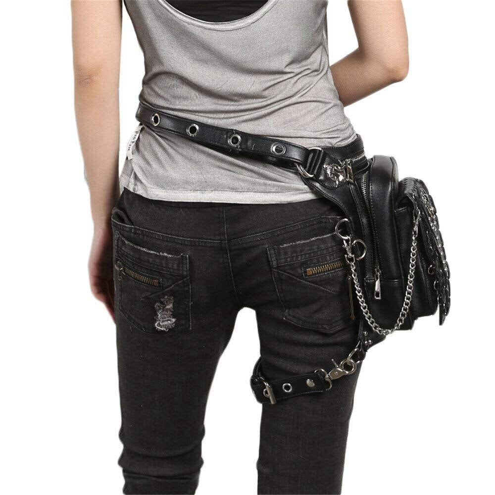 Punk Pu Leather Waist Bags Gothic Rivet Black Fanny Packs Steampunk Handbags For Men Women - ebowsos