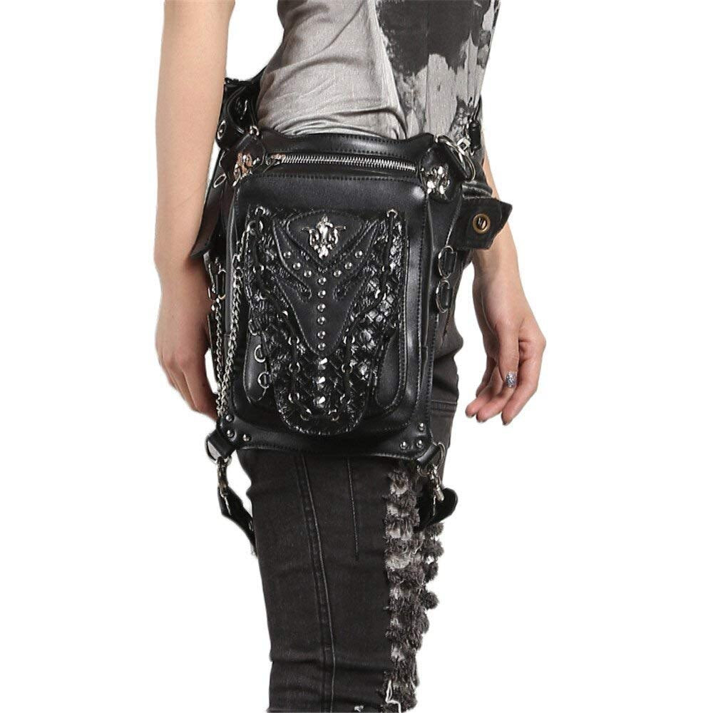 Punk Pu Leather Waist Bags Gothic Rivet Black Fanny Packs Steampunk Handbags For Men Women - ebowsos