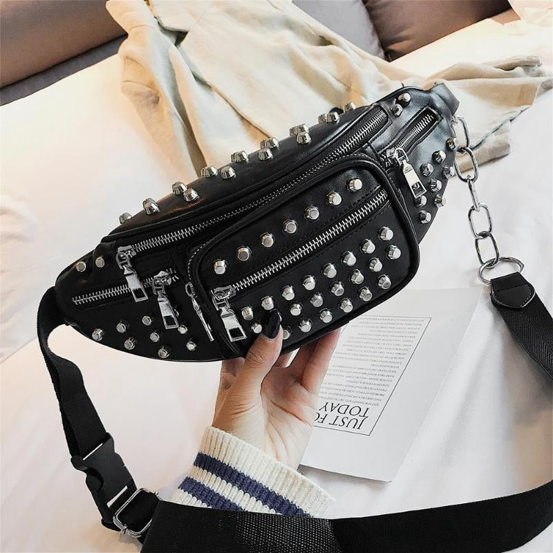 Punk Style Rivet Pu Leather Casual Waist Bag Women Sling Shoulder Bag Phone Fanny Pack Ladies Chest Belt Bags(Black) - ebowsos