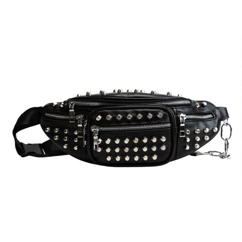 Punk Style Rivet Pu Leather Casual Waist Bag Women Sling Shoulder Bag Phone Fanny Pack Ladies Chest Belt Bags(Black) - ebowsos