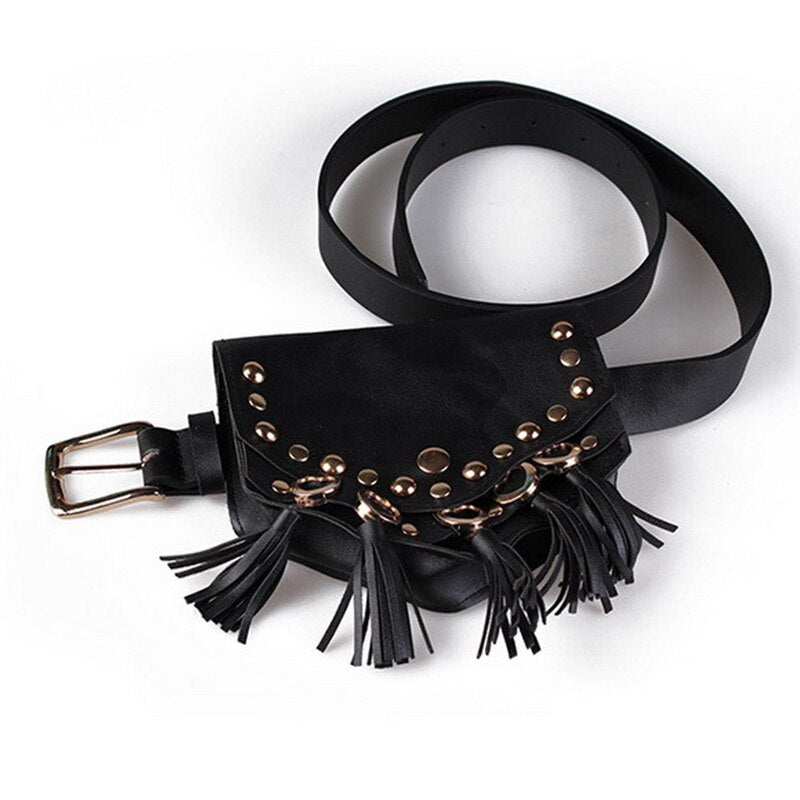 Punk Women Waist Bag Women Rivet Belt Bag Luxury Leather Designer Fanny Pack Fashion Tassel Small Phone Bags - ebowsos