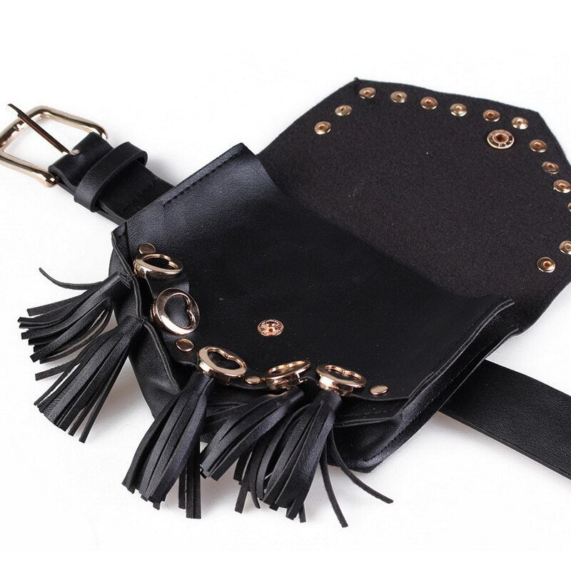 Punk Women Waist Bag Women Rivet Belt Bag Luxury Leather Designer Fanny Pack Fashion Tassel Small Phone Bags - ebowsos