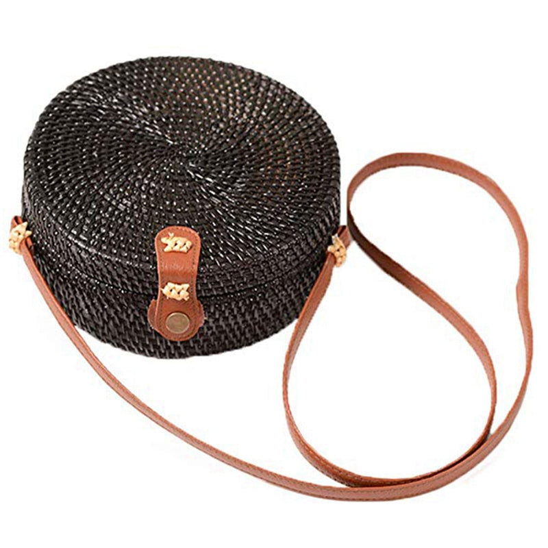 Rattan Bag Vintage Straw Purse Hand Woven Round Straw Crossbody Bag With Interlocking Clasp, Black (Interlocking Clasp) - ebowsos