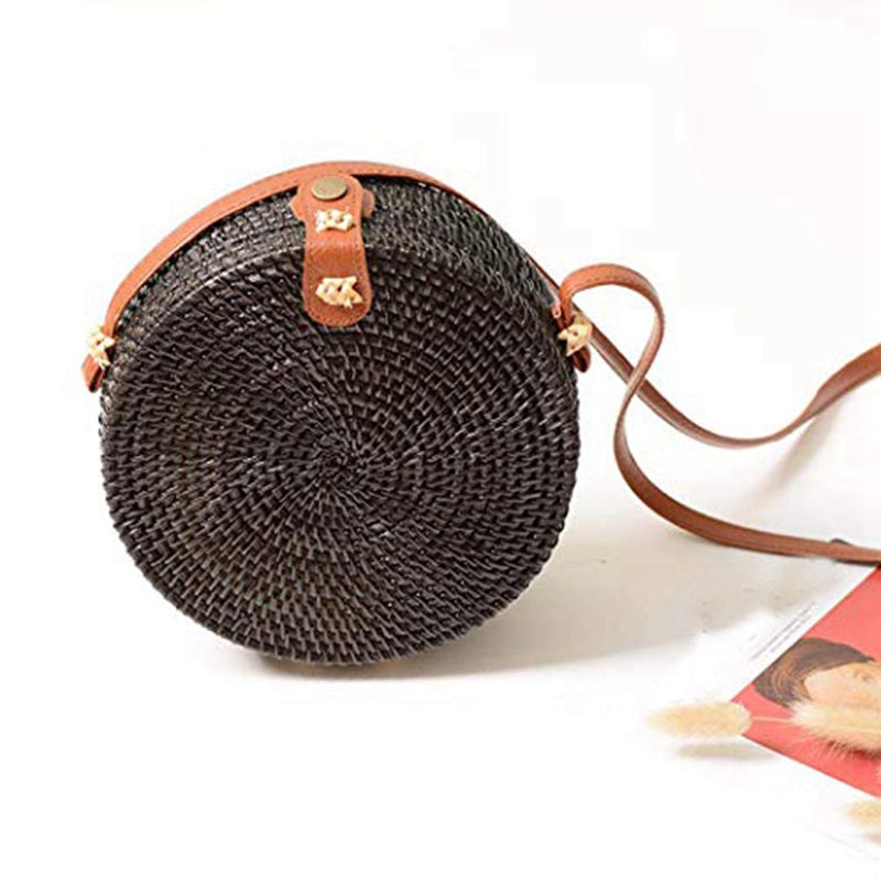 Rattan Bag Vintage Straw Purse Hand Woven Round Straw Crossbody Bag With Interlocking Clasp, Black (Interlocking Clasp) - ebowsos