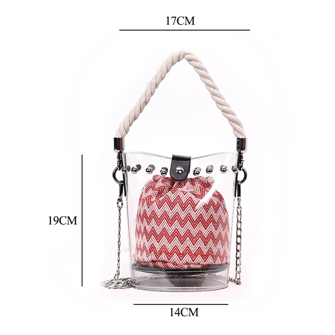 Red new fashion PVC chain diagonal handbag fashion transparent hit color wave rivet hemp rope shoulder diagonal sub-packa - ebowsos
