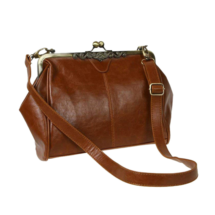 Retro Vintage Kiss Lock Imitation Leather Shoulder Purse Handbag Totes Bag Satchel-Dark Brown - ebowsos