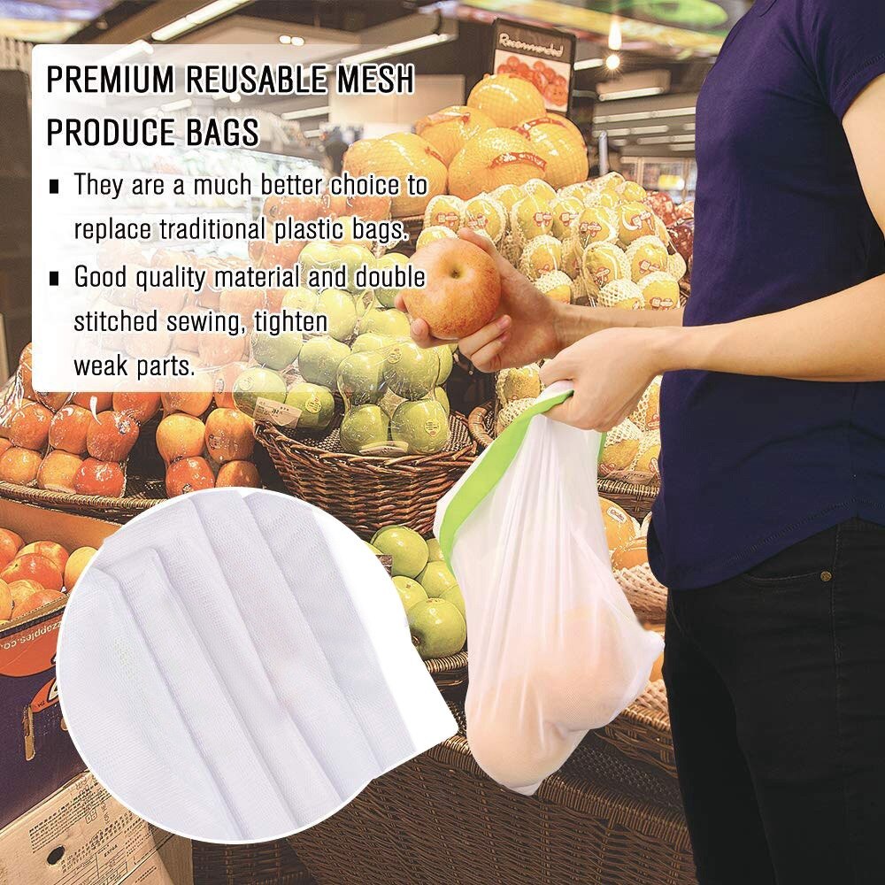 Reuable Produce Bags 12 Pack, Mesh Shopping Bags See-Through, Lightweight Strength Washable Eco Friendly with Tare Weight - ebowsos