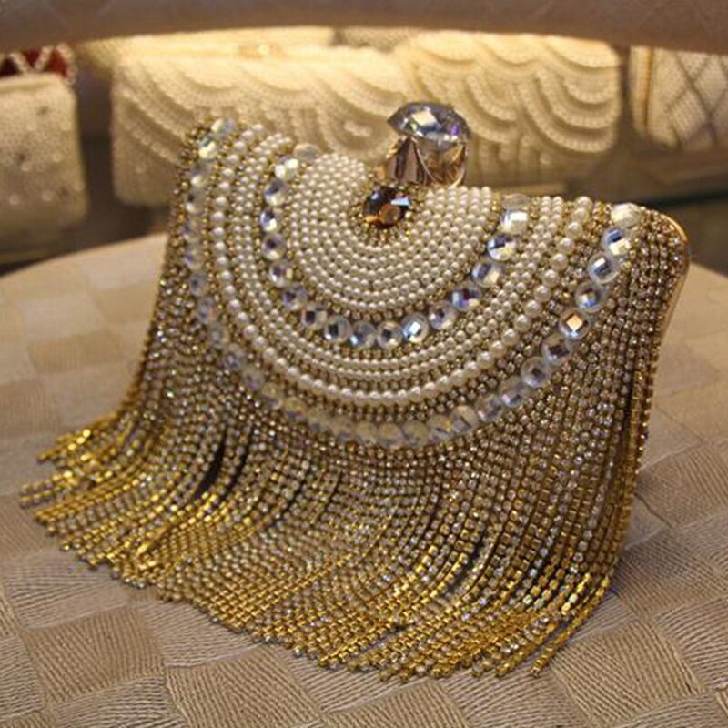 Rhinestones Tassel Clutch Diamonds Beaded Metal Evening Bags Chain Shoulder Messenger Purse Evening Bags For Wedding Bag - ebowsos