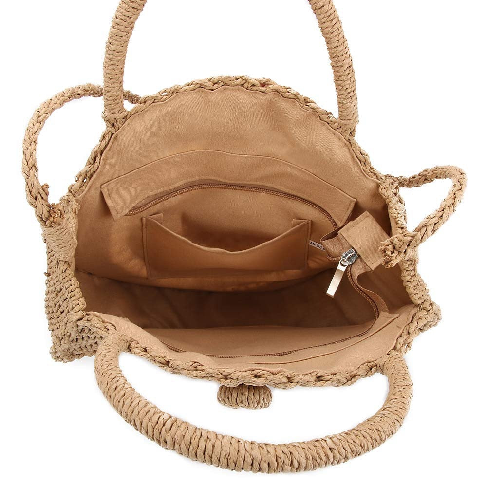 Round Straw Shoulder Bag For Women Weave Crossbody Bag Top Handle Handbag Summer Beach Purse, Hollow - ebowsos