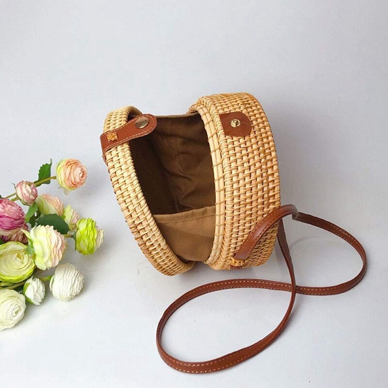 Round Women Rattan Bag Handmade Petal Rattan Shoulder Beach Bag Crossbody Bag Sunflower, Flower Style - ebowsos