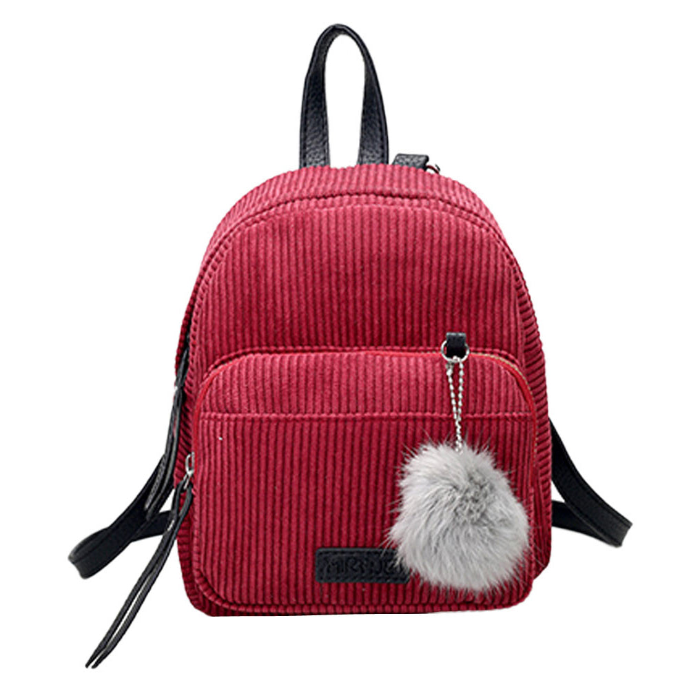 School Bag for Girl Vintage Corduroy Solid Color Travel Backpacks Striped Pompon Cute Shoulder Bag - ebowsos