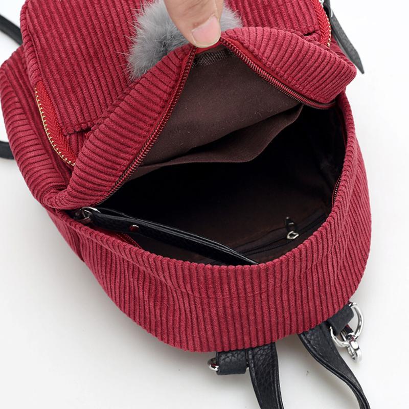 School Bag for Girl Vintage Corduroy Solid Color Travel Backpacks Striped Pompon Cute Shoulder Bag - ebowsos