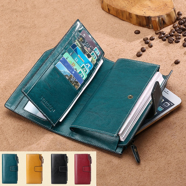 Sendefn Wallet For Women Split Leather Female Wallets Snap Button Travel Women'S Purse Ladies Long Phone Credit Card Coin - ebowsos
