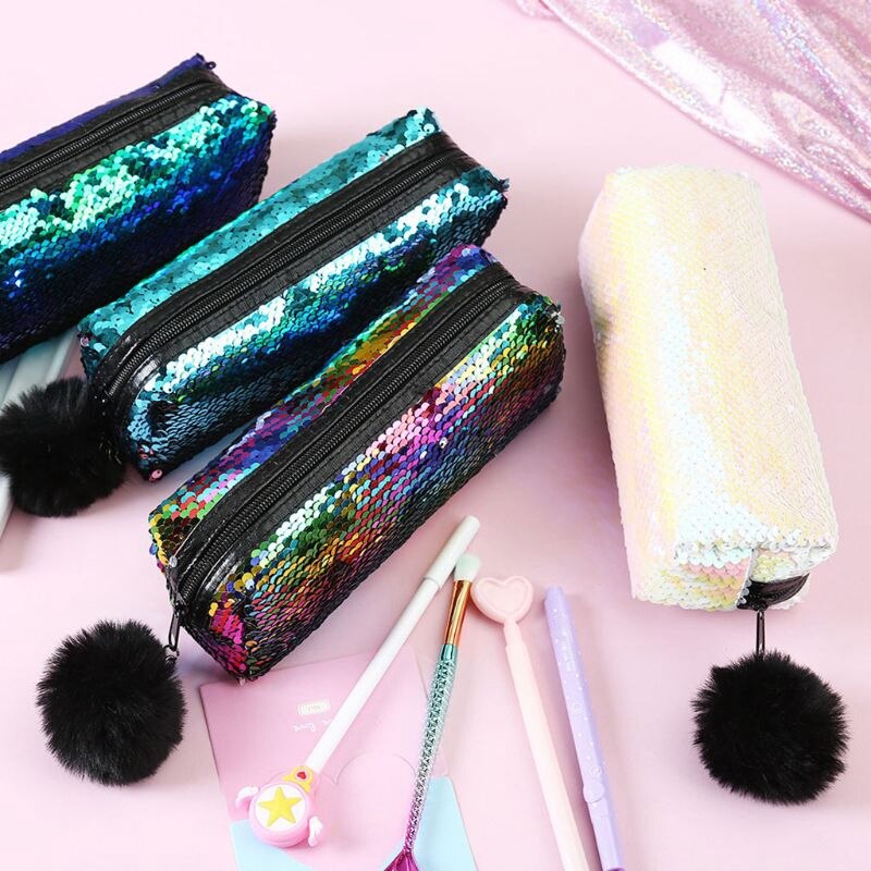 Shining Sequin Large Pencil Case Stationery Storage Pen Organizer Bag School Office Supply Cosmetic Holder For Gift - ebowsos