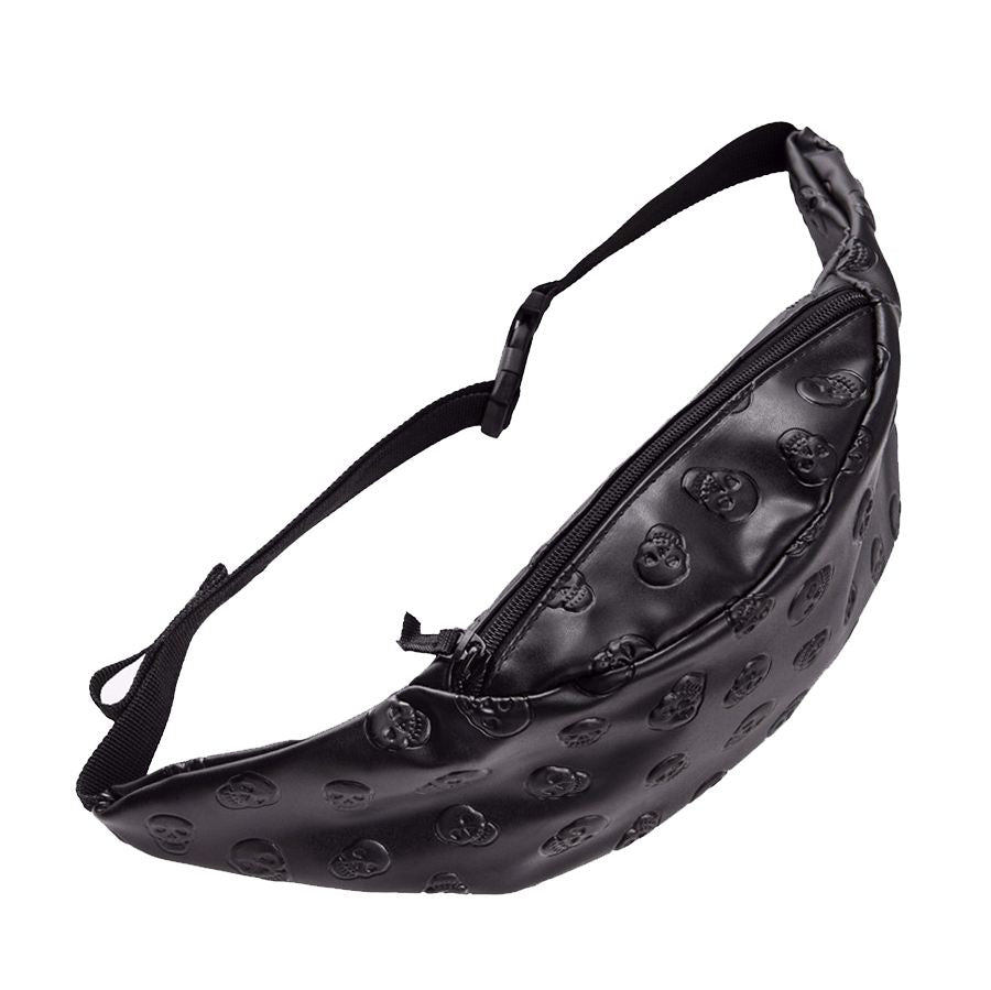 Skull black leather belt bag Unisex Fashion New who cares PU bag soft belt pouch waist bag(Black) - ebowsos