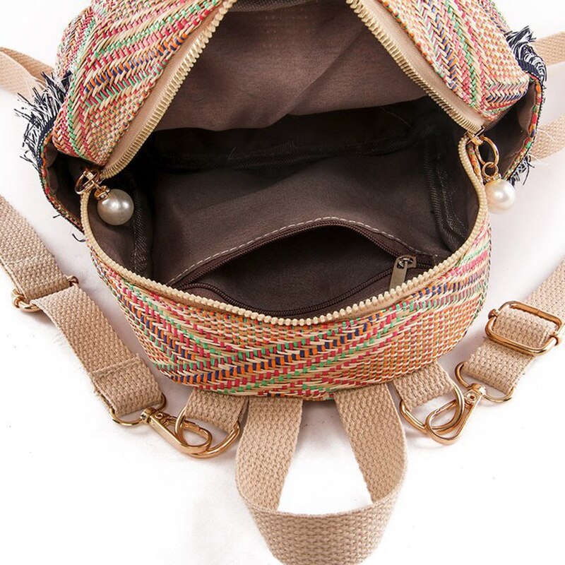 Small Travel Backpacks Women Straw Woven Shoulder School Bags Casual Knapsack Knitting Rucksack Bag - ebowsos