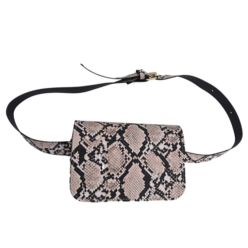 Snake Print Pu Leather Flap Waist Bag Women Small Leather Serpentine Fanny Pack Fashion Female Belt Bag - ebowsos