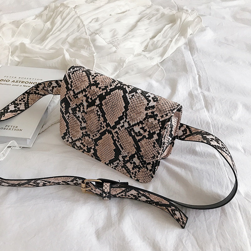 Snake Print Pu Leather Flap Waist Bag Women Small Leather Serpentine Fanny Pack Fashion Female Belt Bag - ebowsos
