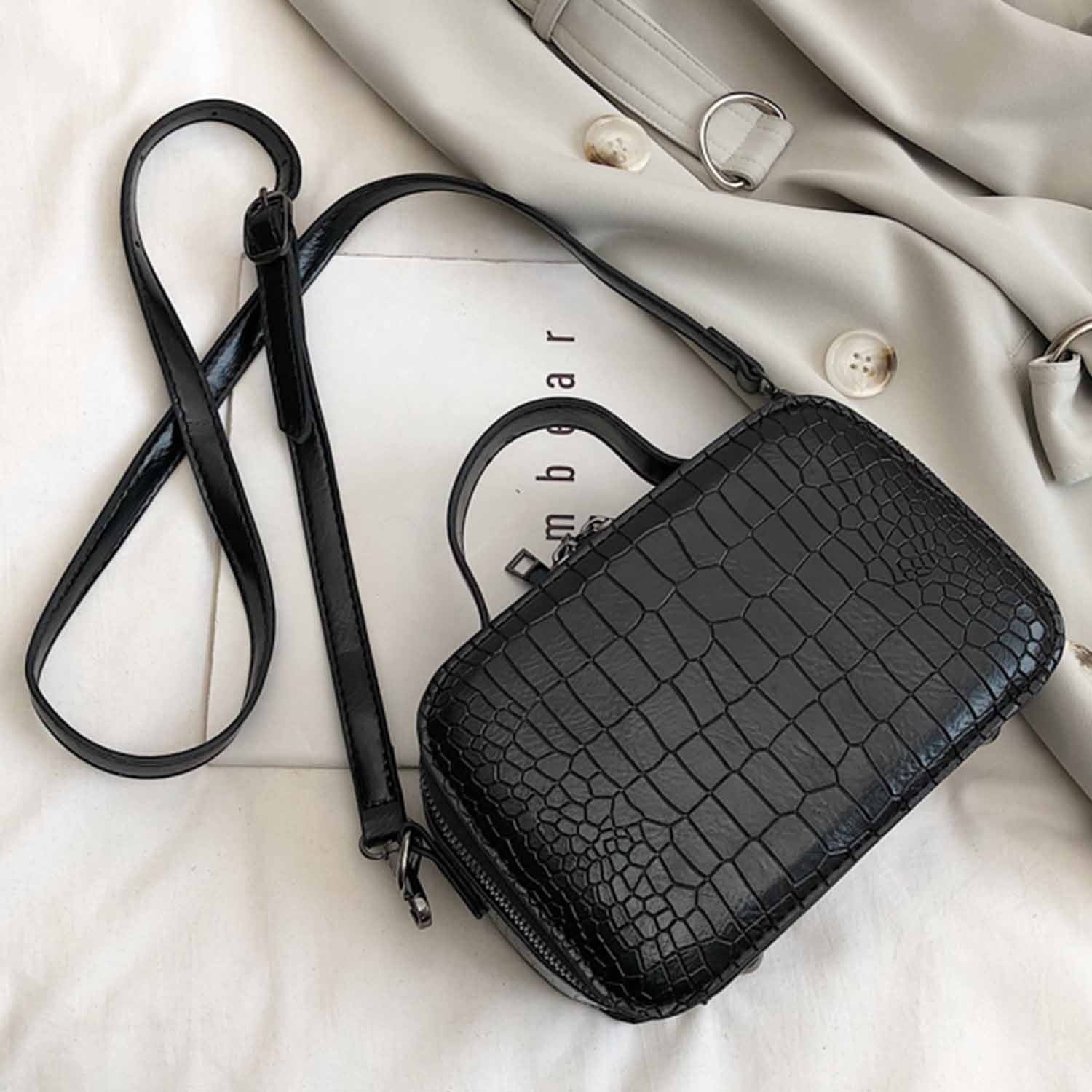 Stone Pattern Crossbody Bags For Women Fashion Small Solid Colors Shoulder Bag Female Handbags And Purses With Handle(Bla - ebowsos