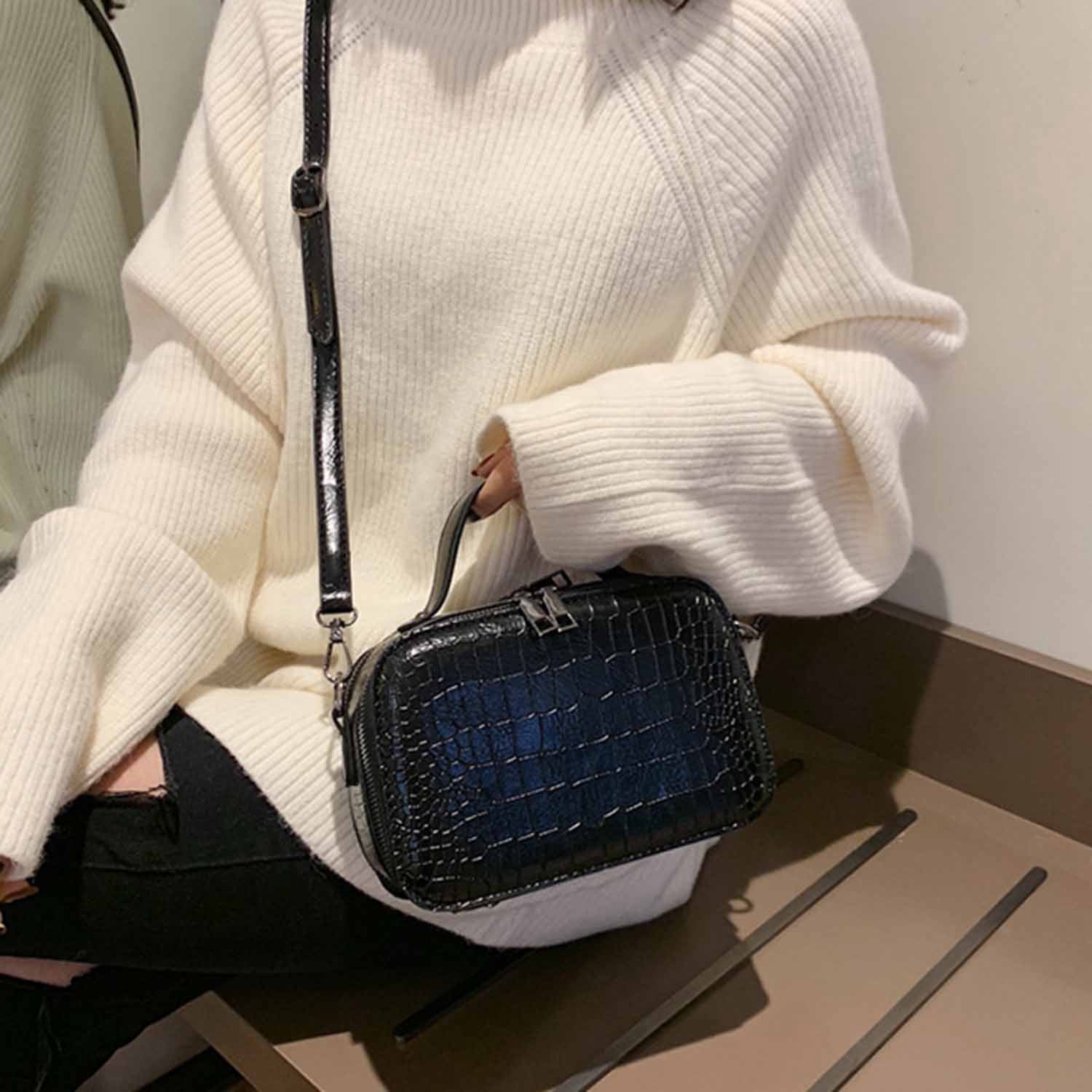 Stone Pattern Crossbody Bags For Women Fashion Small Solid Colors Shoulder Bag Female Handbags And Purses With Handle(Bla - ebowsos