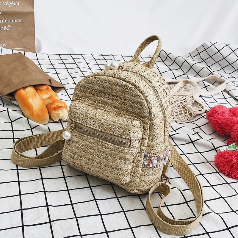 Straw Backpack Women Bag Small Fashion Stripe Woven Backpacks Girl Backpack For Teenage Youth Back Pack National Wind - ebowsos