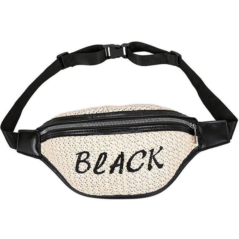 Straw Bag Fashion Waist Purse For Women Travel Belt Bags Fanny Pack(Black) - ebowsos