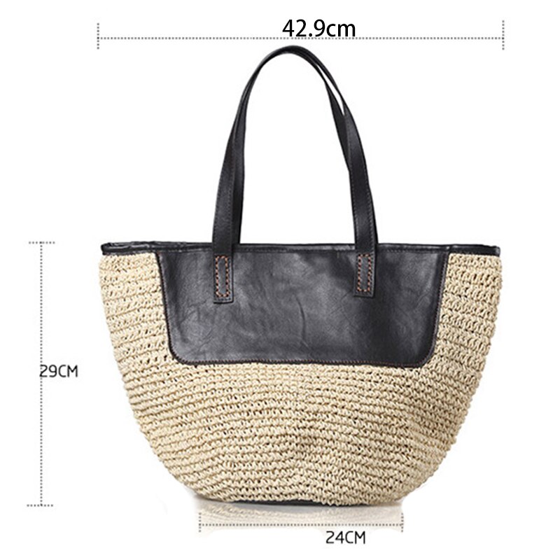 Straw Tote Handbags For Women Beach Bags Woven Straw Purses Shoulder Bags For Girls Summer Outfits, Khaki And Black - ebowsos