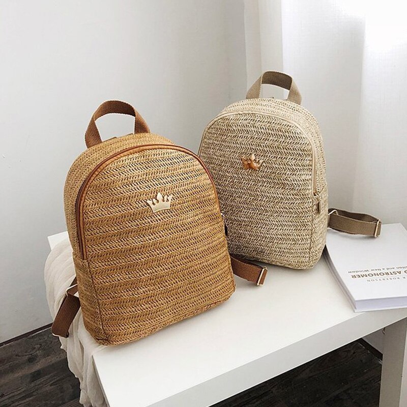 Straw Women'S Backpack Shoulder School Crown Decorative Backpack Straw Knitted Backpack Female - ebowsos