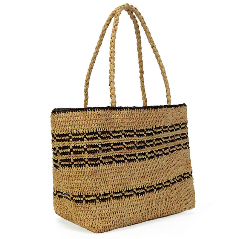 Stylish Summer Beach Bag French Style Straw Bag Women Striped Tote Woven Hollow Out Handbags Elegant Vintage Handbags - ebowsos