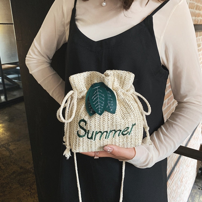 Summer Beach Women'S Woven Bag Handmade Shoulder Bag Rattan Tote Purse Bag Handbags Inclined Shoulder Bag Khaki - ebowsos