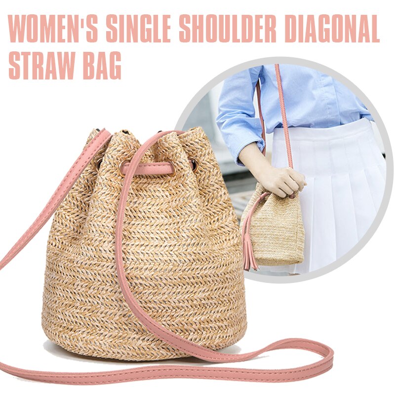 Summer Straw Bucket Bag Weave Purse Handbag Fringe Bohemian Bag Pouch pink - ebowsos