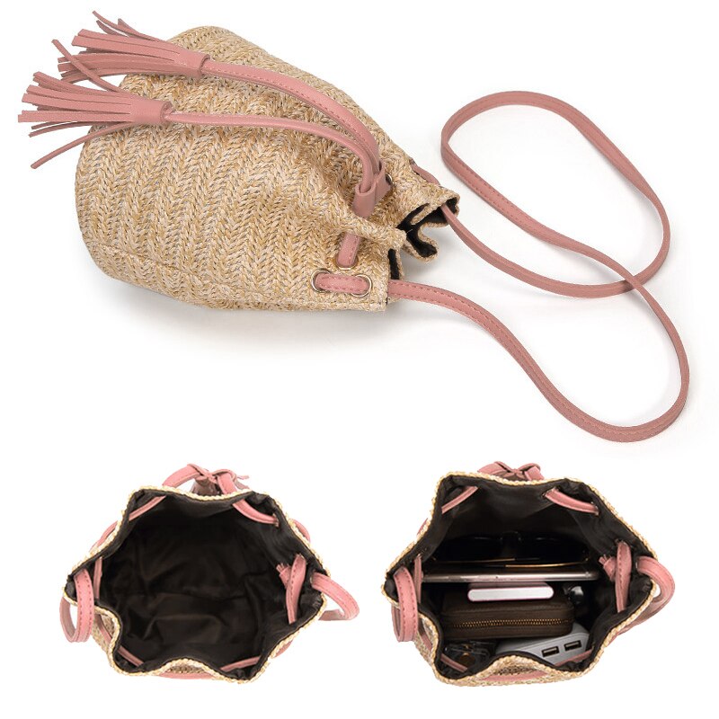 Summer Straw Bucket Bag Weave Purse Handbag Fringe Bohemian Bag Pouch pink - ebowsos