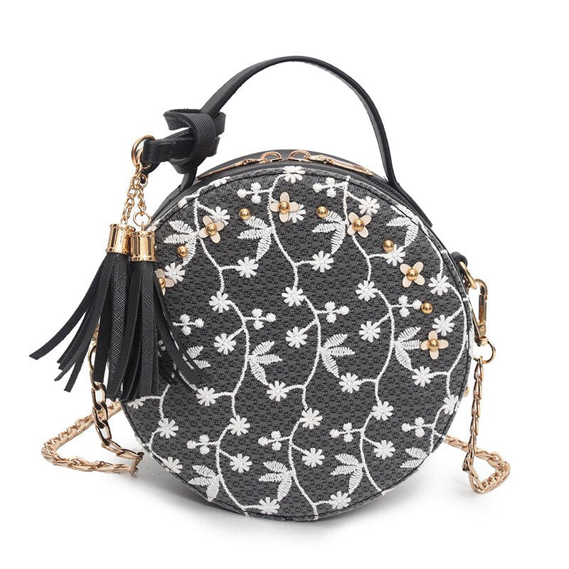 Sweet Lace Round Handbags High Quality PU leather Women Crossbody Bags Female Small Fresh Flower Chain Shoulder Bag - ebowsos