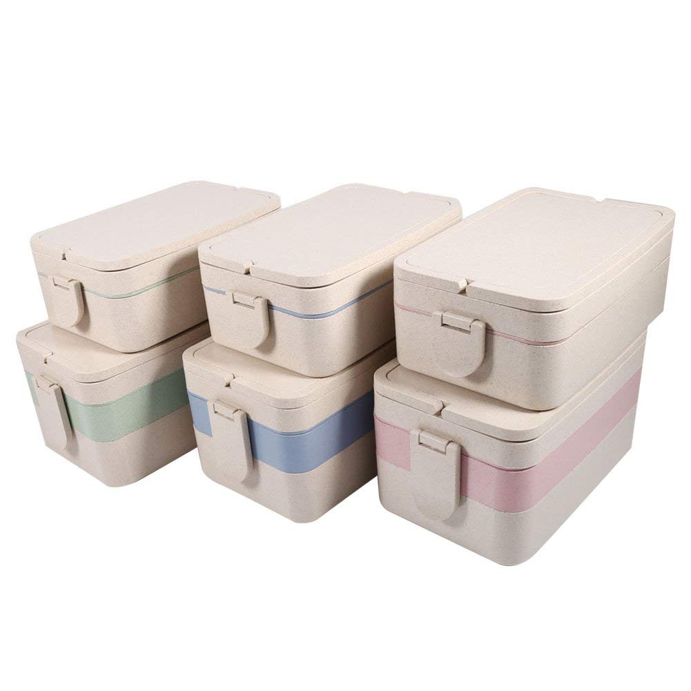 Three Tier Wheat Fiber Bento (Lunch) Box Stackable Storage Container for On the-Go Lunch Fork Spoon and Chopsticks Includ - ebowsos
