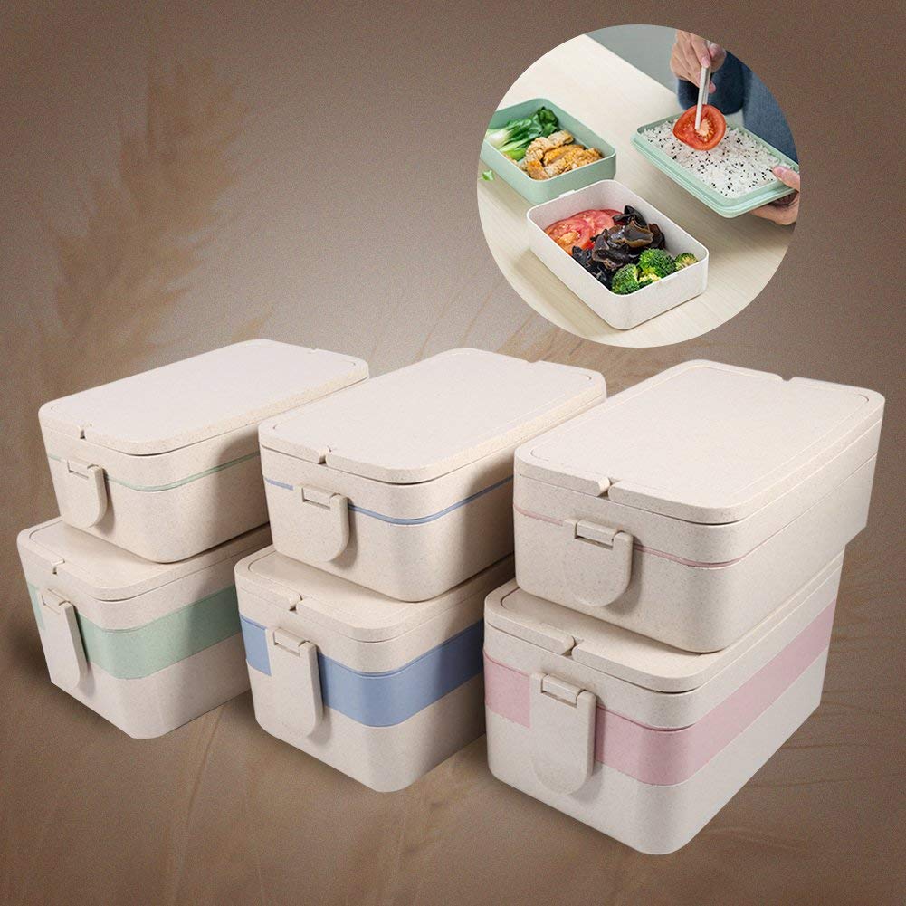 Three Tier Wheat Fiber Bento (Lunch) Box Stackable Storage Container for On the-Go Lunch Fork Spoon and Chopsticks Includ - ebowsos