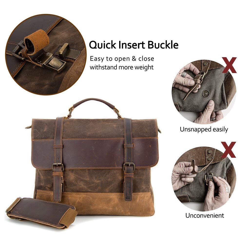 Waterproof Laptop Briefcase Waxed Canvas Genuine Leather Laptop Bag Coffee - ebowsos