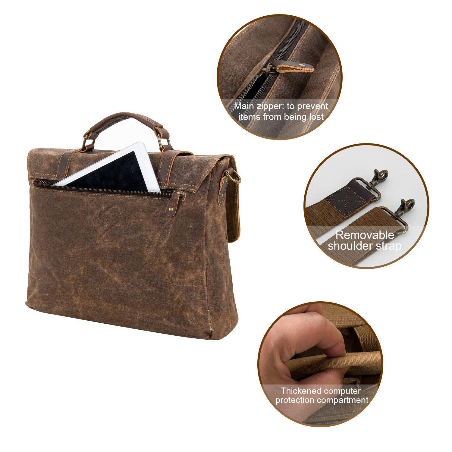 Waterproof Laptop Briefcase Waxed Canvas Genuine Leather Laptop Bag Coffee - ebowsos