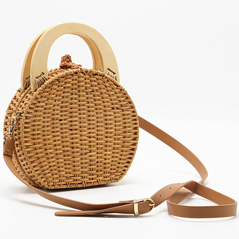 Woman Fashion Wooden Handle Rattan Knit Bag New Straw Bag Shoulder Messenger Bag(Camel) - ebowsos