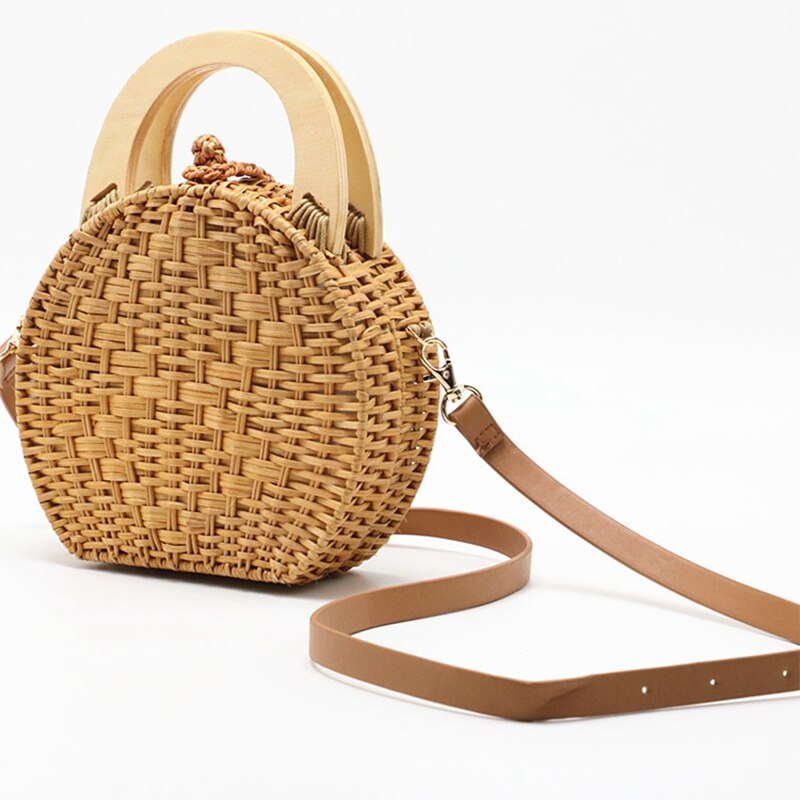 Woman Fashion Wooden Handle Rattan Knit Bag New Straw Bag Shoulder Messenger Bag(Camel) - ebowsos