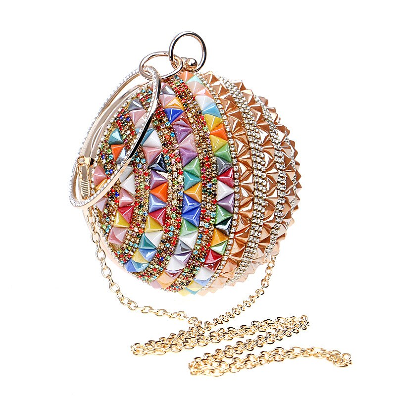 Woman Round Ball Clutch Handbag Rhinestone Ring Handle Purse Evening Bag(Gold & color) - ebowsos