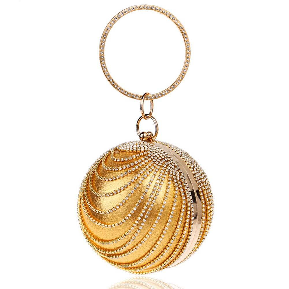 Woman Round Ball Clutch Handbag Rhinestone Ring Handle Purse Evening Bag(Gold) - ebowsos