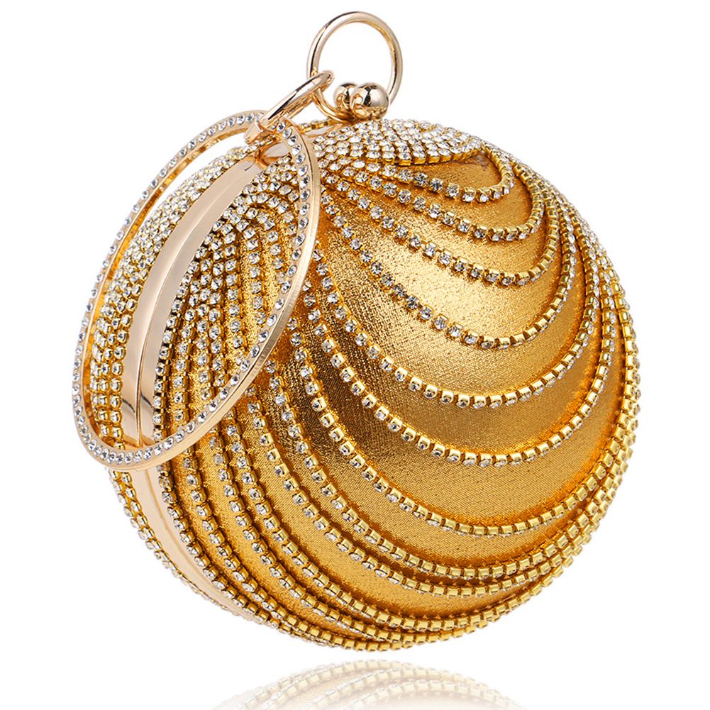 Woman Round Ball Clutch Handbag Rhinestone Ring Handle Purse Evening Bag(Gold) - ebowsos