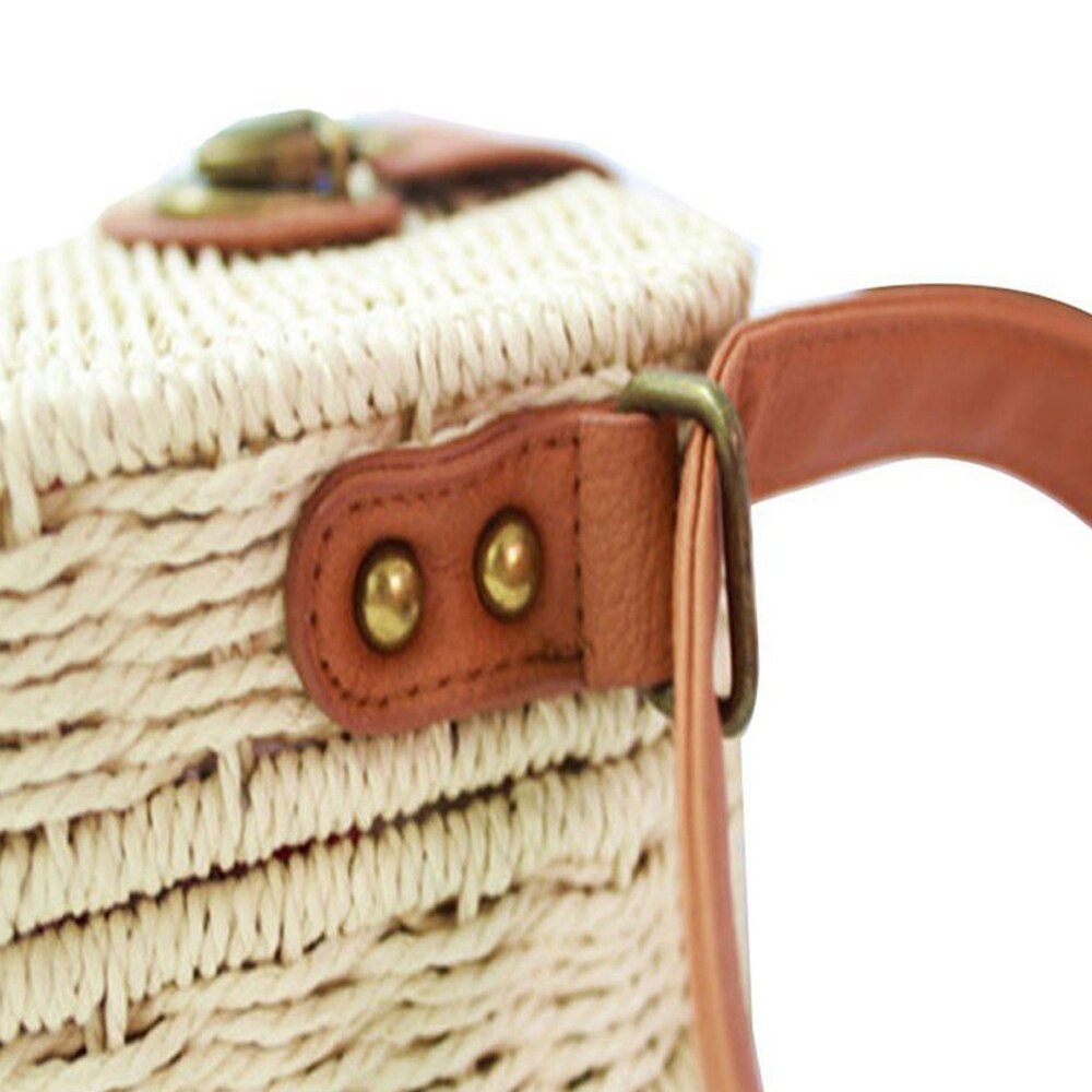 Woman Straw Weave Bag Crochet Crossbody Bag Shoulder Messenger Satchel Beach Handbag (White) - ebowsos