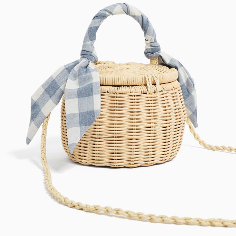 Women Bucket Handbag Scarves Straw Beach Tote Bag With Cover Wicker Mini Basket Shoulder Crossbody Bags - ebowsos